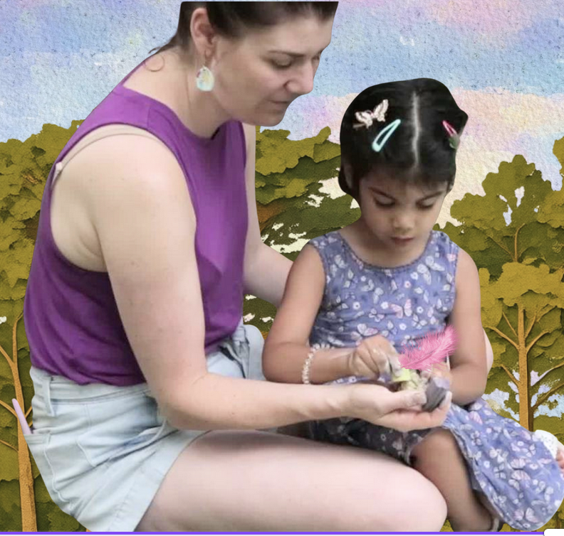 a parents and child making a feather craft