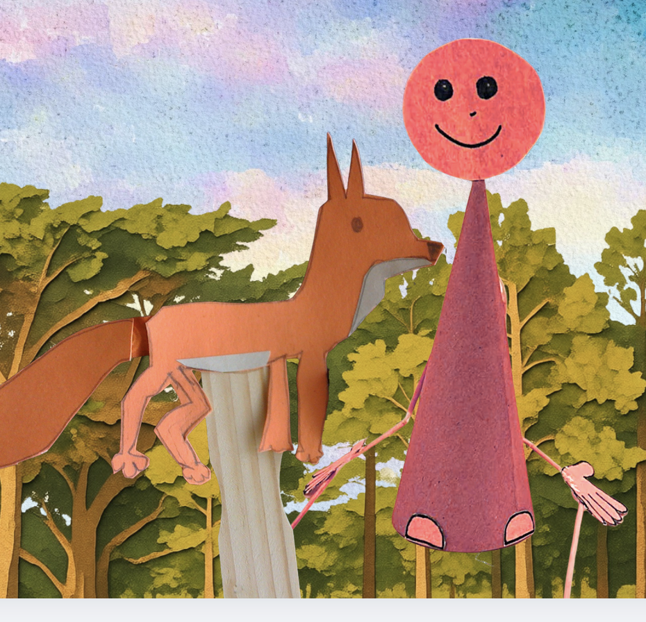 rod puppets of a fox and a person