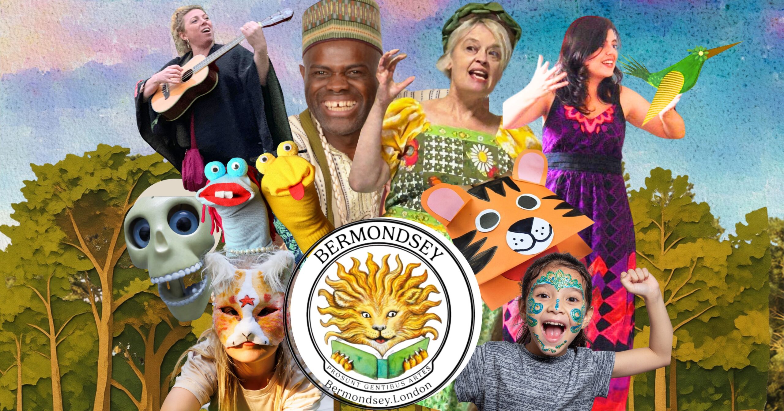composite for bermondsey finale celebration day. Storytellers, puppets and kids with masks and face painting