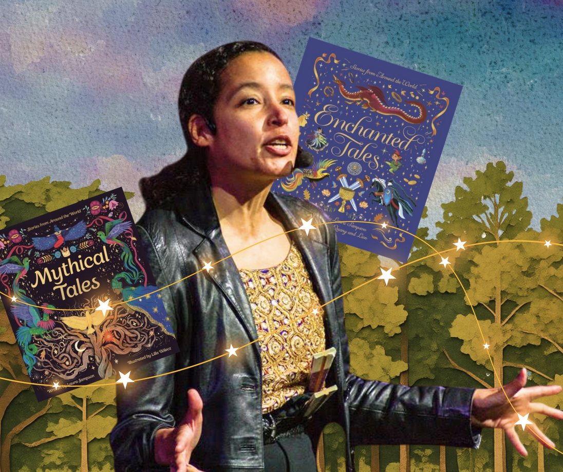 Laura Sampson in a painted forest backdrop with covers of her two books beside her